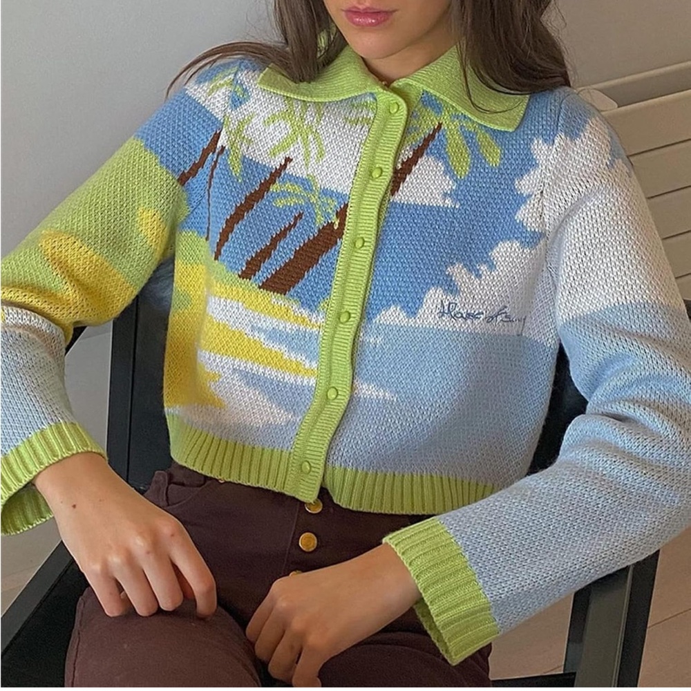 HOUSE OF SUNNY Lime Green Blue Tropical Knit Cropped Collared Cardigan Sweater - Picture 6 of 17